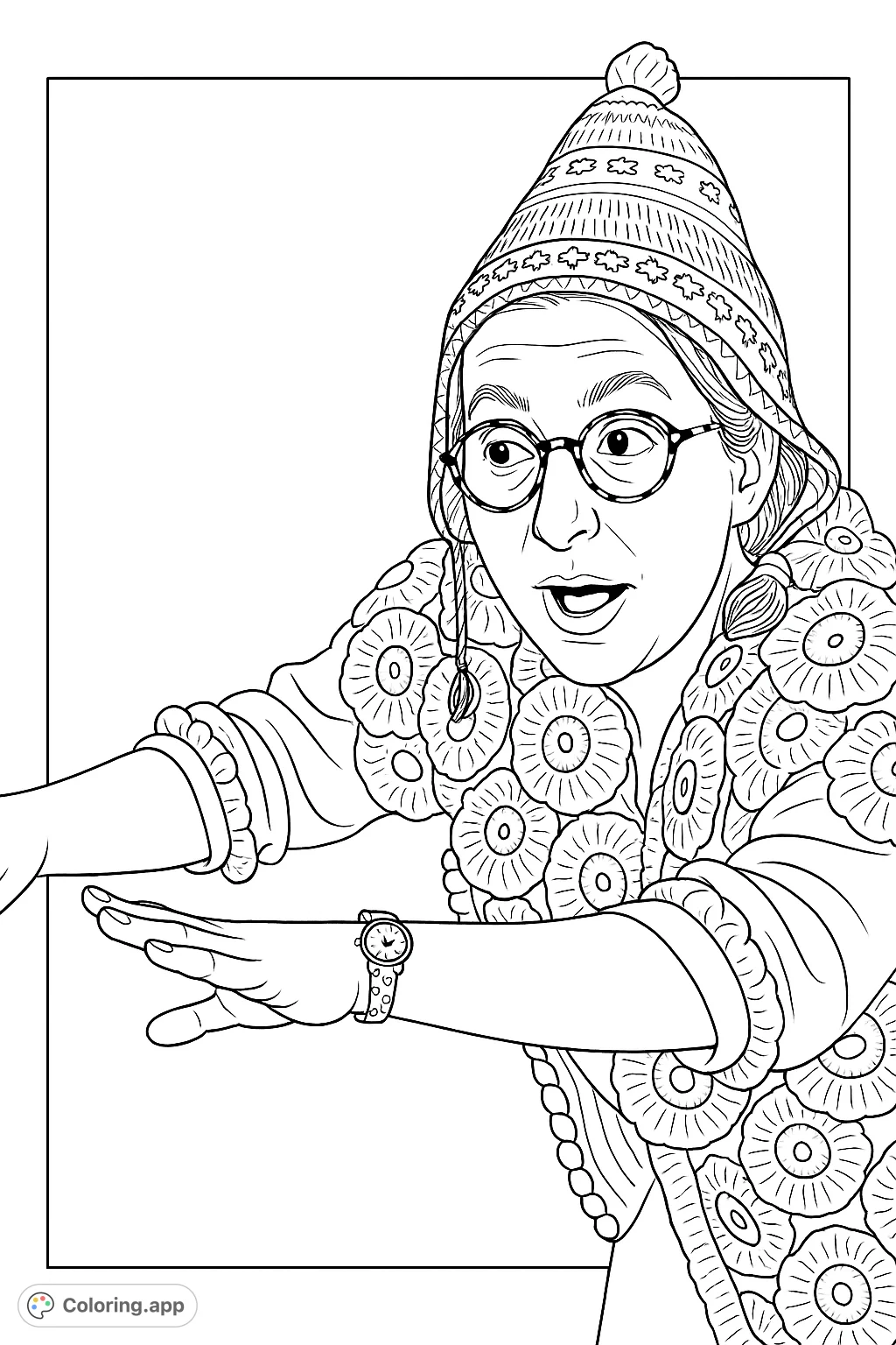 Explore intricate patterns in this whimsical portrait. A person in a unique knitted hat and a jacket of textured motifs offers a delightful coloring challenge.
