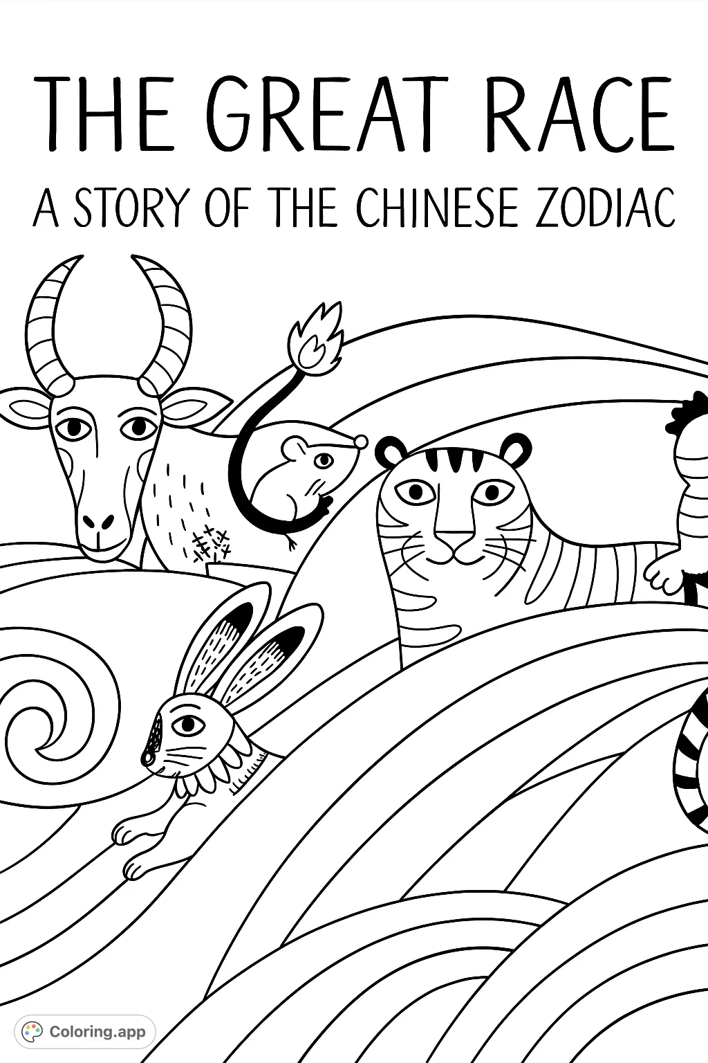 Embark on a vibrant journey with the Chinese Zodiac animals as they race across dynamic waves. A fun and engaging coloring page for all ages.