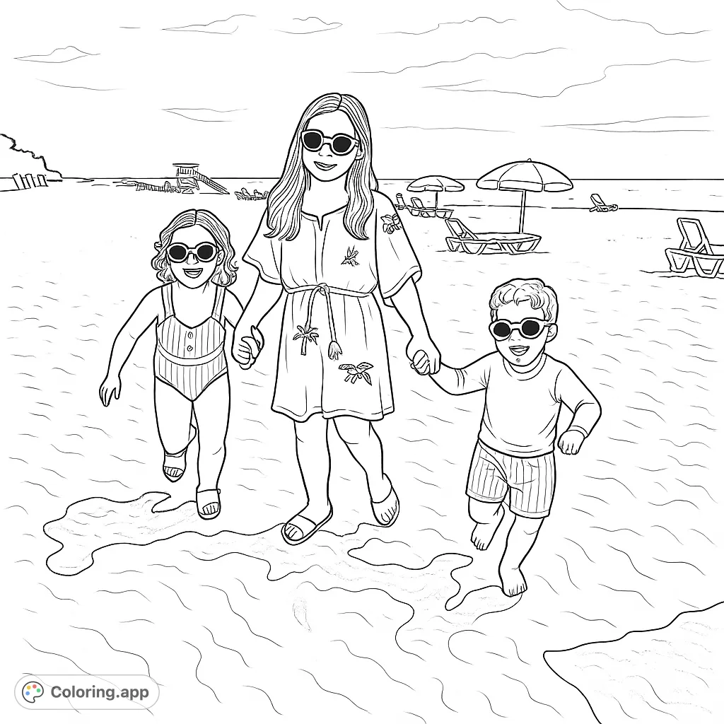 Capture the joy of three children running hand-in-hand on a sunny beach, with distant ocean waves and beach umbrellas. A delightful summer scene.