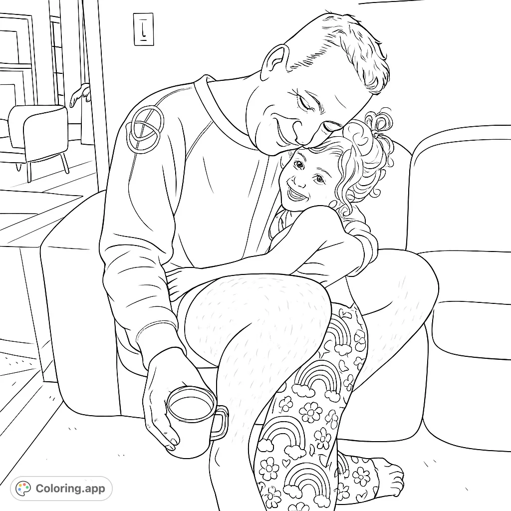 A heartwarming scene of a father and daughter sharing a cozy moment, perfect for a family-themed coloring page. Features a man holding a child on his lap.