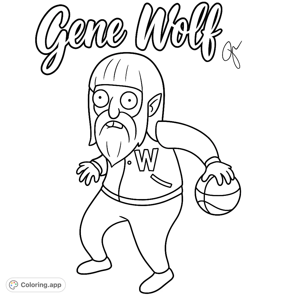 Color a fun cartoon wolf character, Gene Wolf, in a letterman jacket holding a basketball. Perfect for fans of unique animated styles!