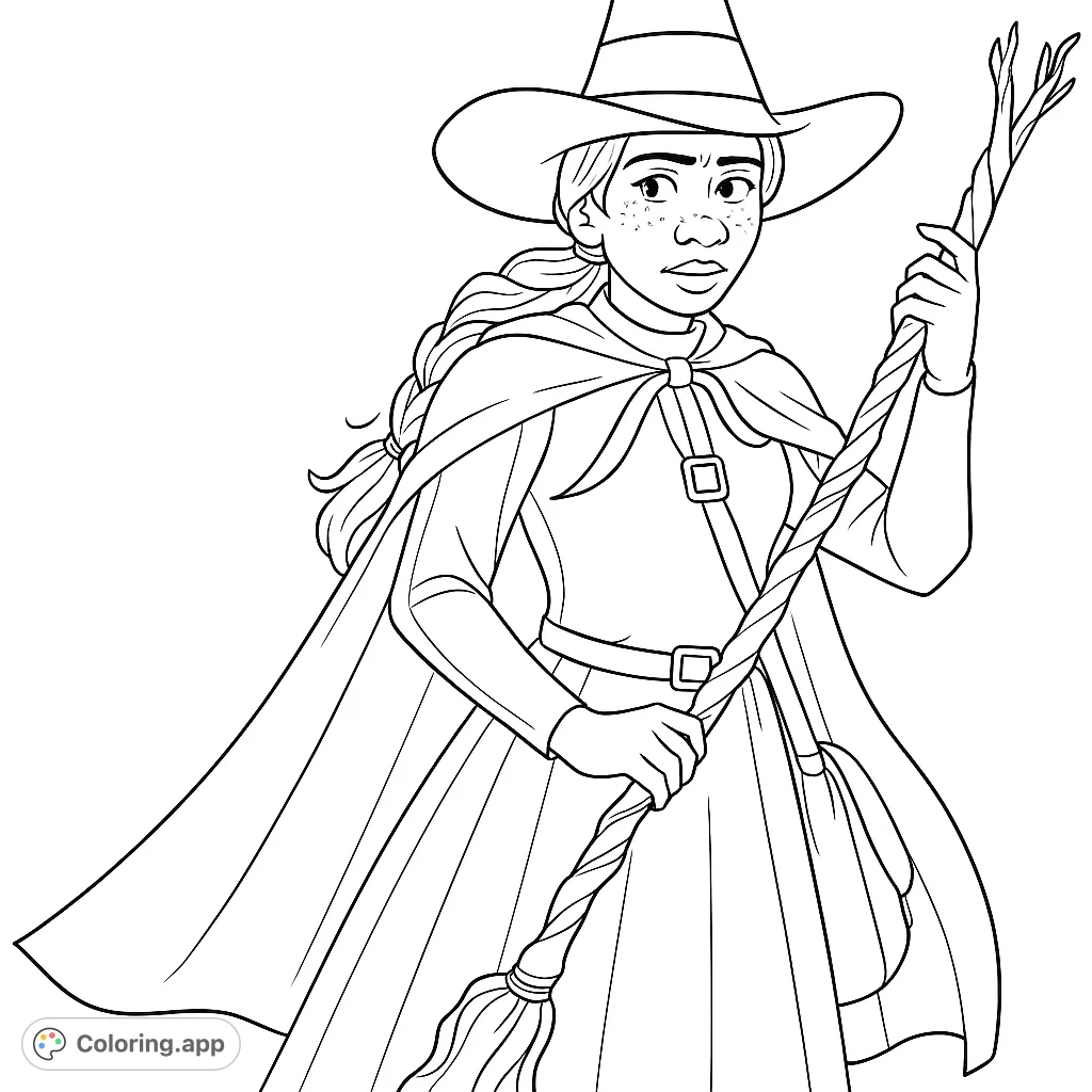 A captivating witch character with a pointed hat, flowing cape, and gnarled staff, ready for a magical adventure. Perfect for fantasy enthusiasts.