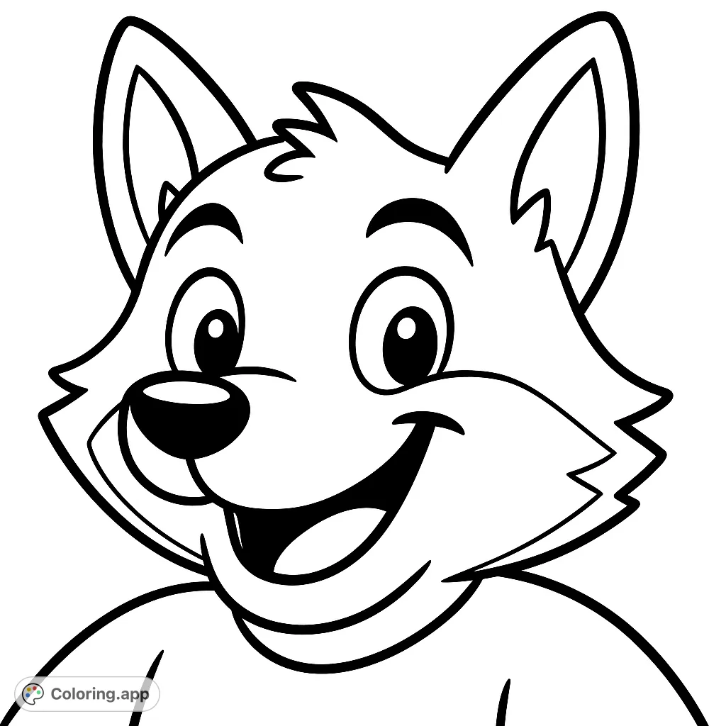 A cheerful cartoon wolf/fox character with a big smile, perfect for young artists to bring to life with their favorite colors. A fun, easy coloring page.