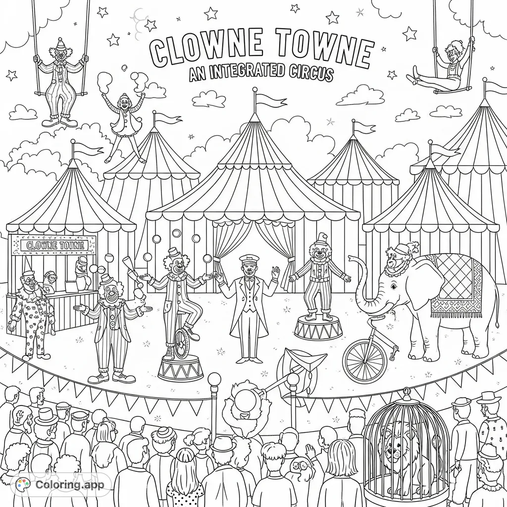Step into the vibrant world of Clowne Towne, an integrated circus coloring page featuring clowns, acrobats, animals, and grand tents. A bustling scene for all ages!