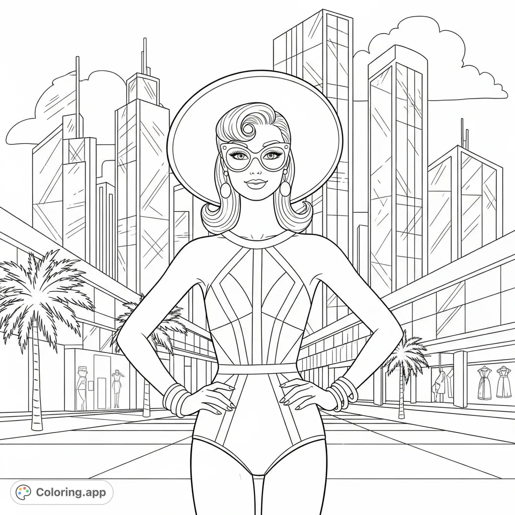 Malibu Barbie embodies classic pin-up glamour within a chic, modernized fashion setting. Features intricate details for a sophisticated coloring adventure.