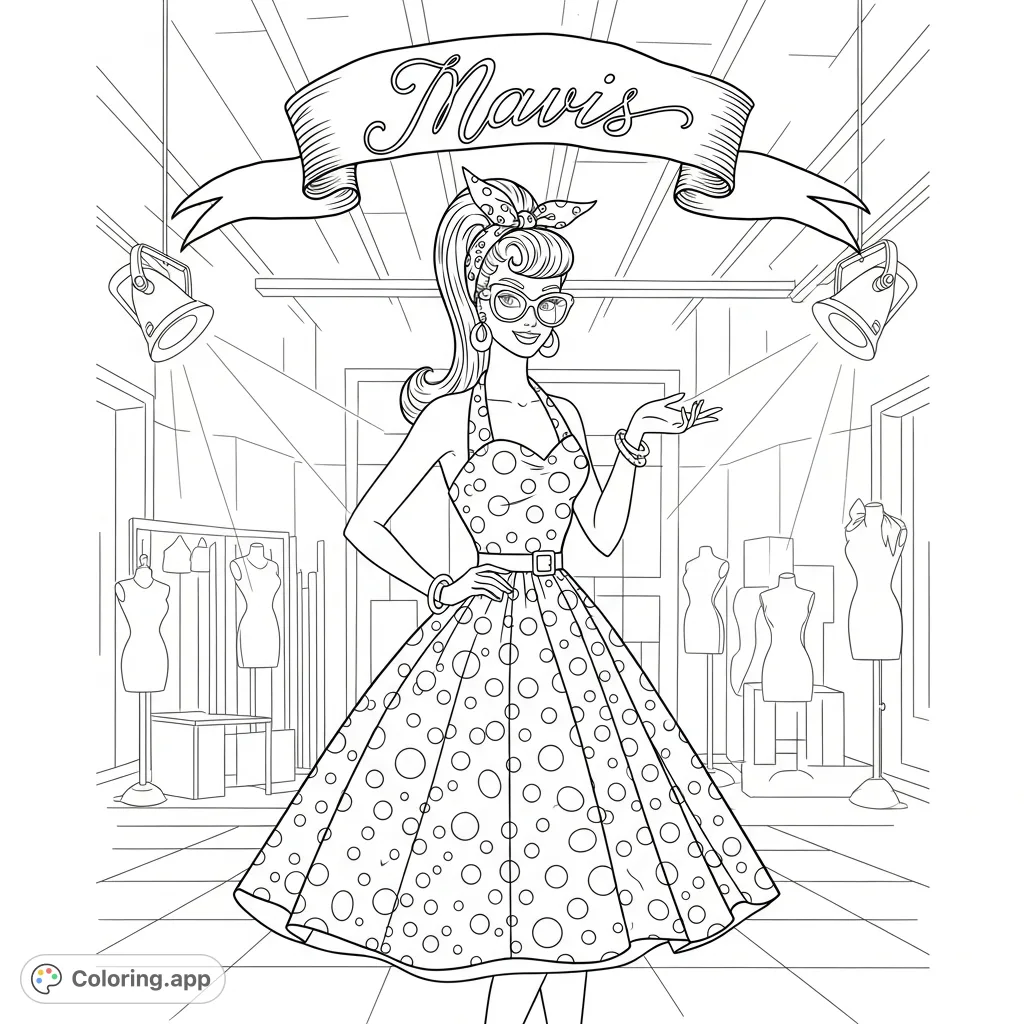 Malibu Barbie reimagined as a classic pin-up in a stylish rockabilly dress, striking a pose in a fashion-forward setting with a personalized 'Mavis' banner.