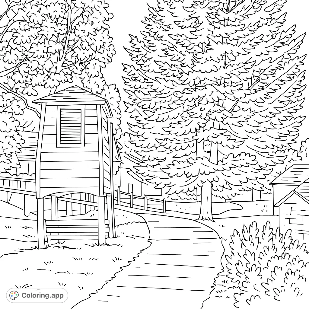 An inviting autumn scene featuring an elevated structure, a majestic tree with dense foliage, and a winding path, perfect for detailed coloring.