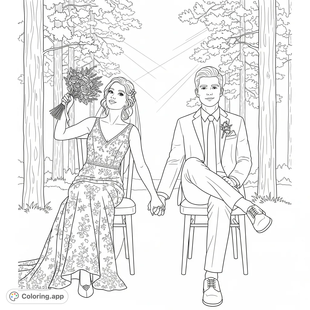 Capture a romantic forest wedding portrait featuring a couple in contrasting poses, surrounded by tall pine trees and soft light. A beautiful wedding portrait coloring page.