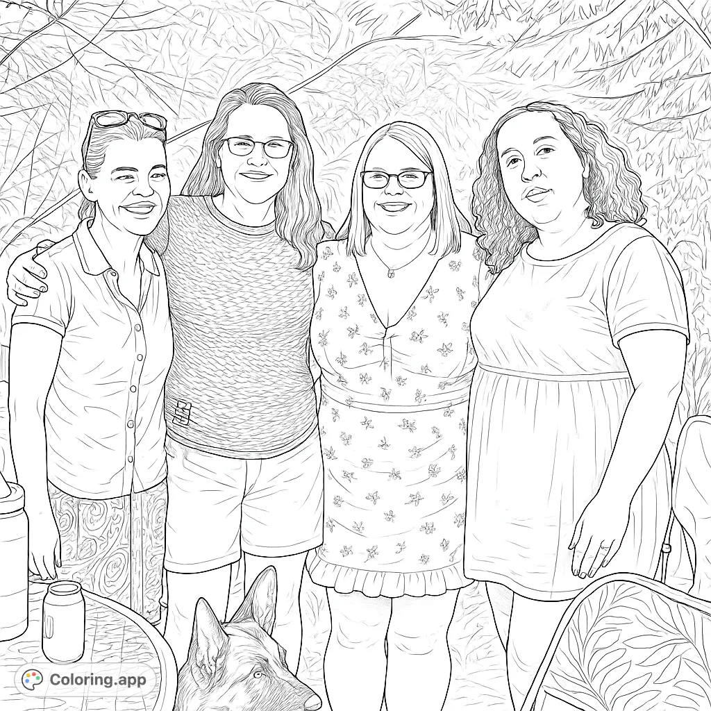 A heartwarming scene of four friends smiling together outdoors, surrounded by nature, perfect for a relaxing coloring experience.
