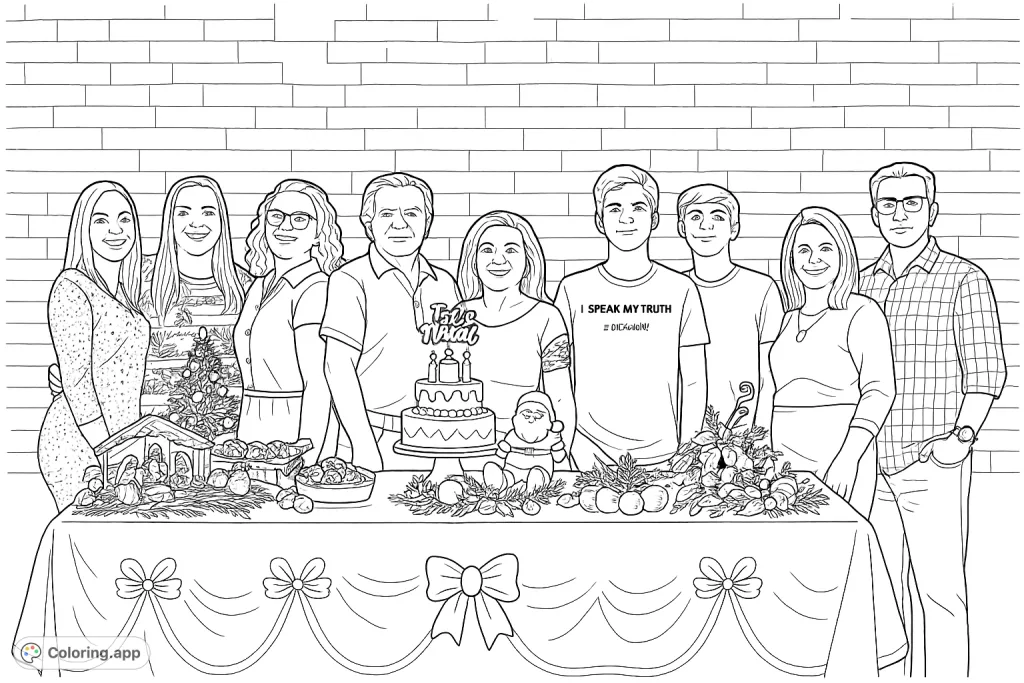 A heartwarming family gathering portrait featuring eight individuals and a table filled with festive decorations, including a cake and nativity scene.