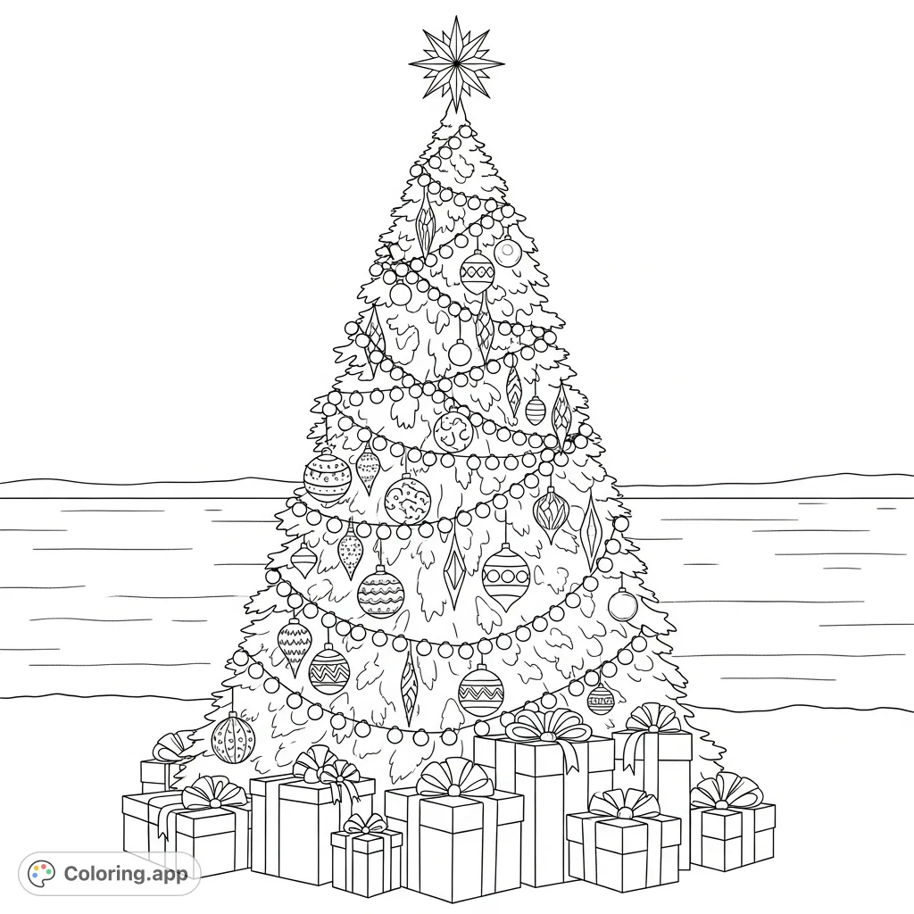 A beautifully adorned Christmas tree, topped with a star, surrounded by wrapped presents, and set against the serene backdrop of a calm lake. A wonderful free printable Christmas tree coloring page.