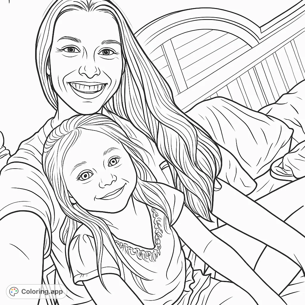 Capture a heartwarming moment with this mother and daughter coloring page. Features two smiling figures in a cozy setting, perfect for family fun.