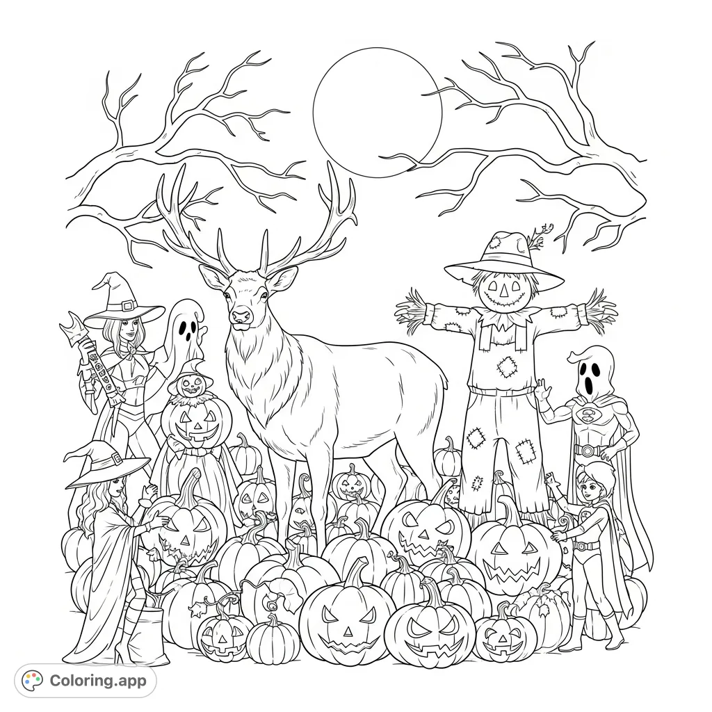 A lively Halloween coloring page featuring a majestic Elk, friendly scarecrow, various pumpkins, and figures in fun costumes under a full moon. Perfect for festive coloring!