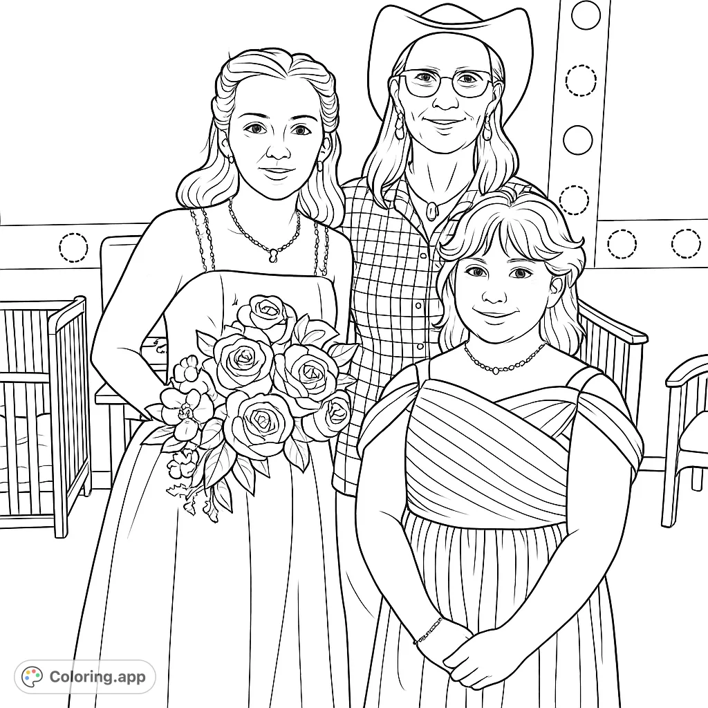 A heartwarming family portrait featuring three generations, celebrating a special occasion with elegant dresses, a beautiful bouquet, and a festive atmosphere.