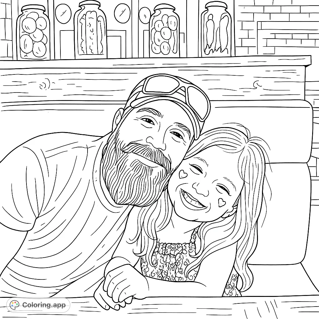 A heartwarming scene of a man and a young girl sharing a joyful moment, perfect for a family-themed coloring page. Features a bearded man and a smiling child.