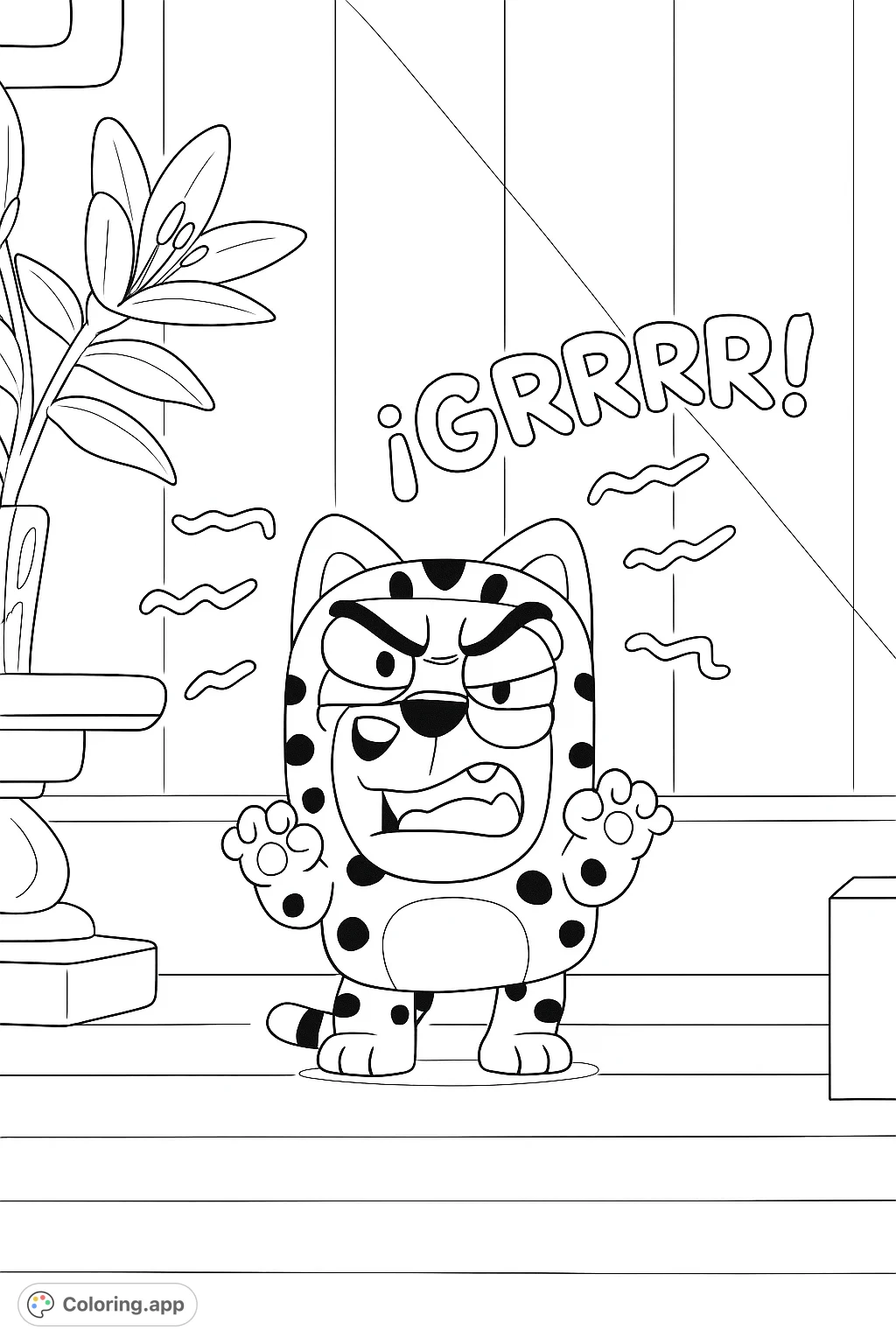 A fun cartoon character in a spotted animal costume with a grumpy expression. Perfect for kids to color and express their creativity!