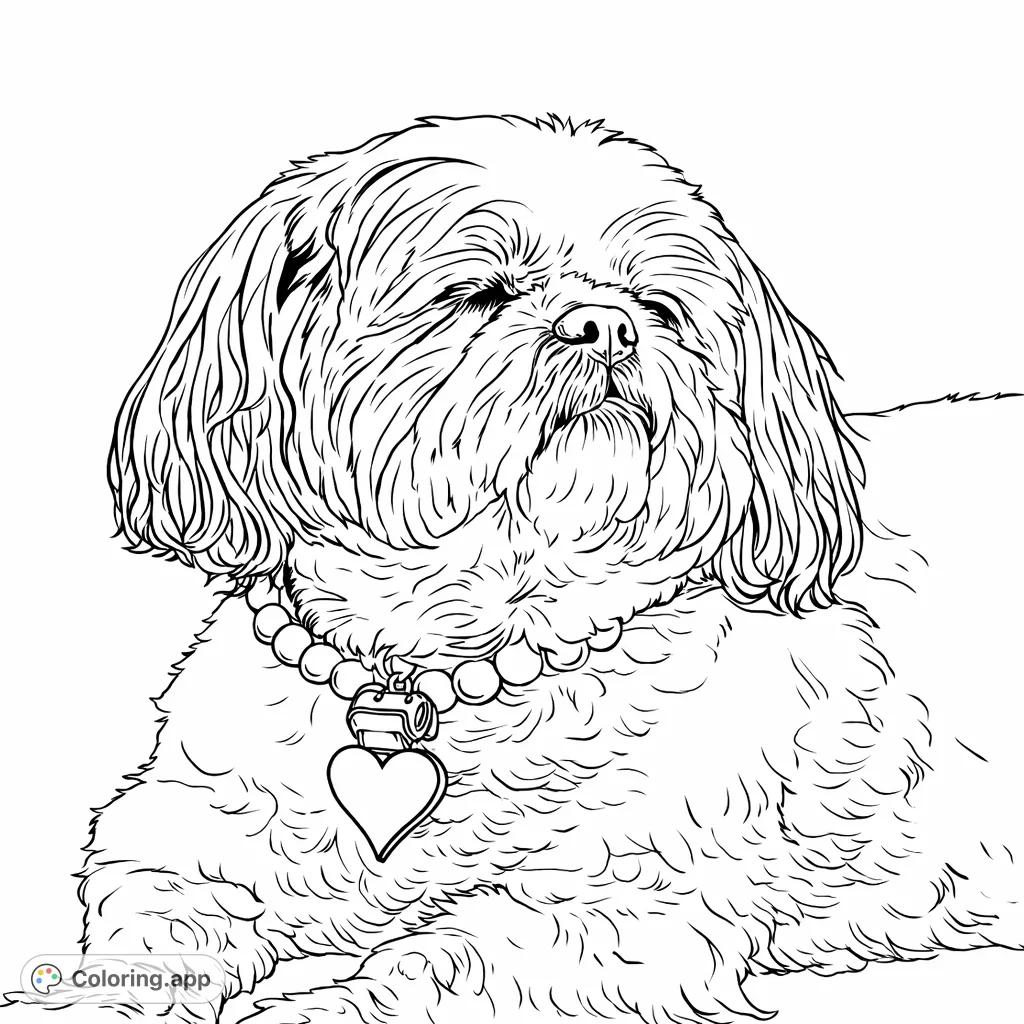Discover this charming Shih Tzu coloring page, featuring a lovable dog with flowing fur and a unique collar. Perfect for dog lovers to personalize.