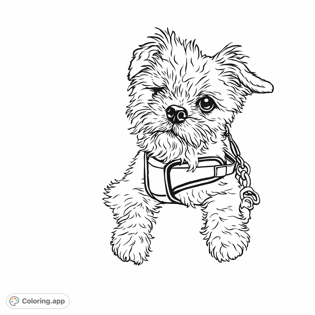 An adorable, fluffy dog with a playful wink, wearing a snug harness. Perfect for animal lovers to color, capturing its charming and scruffy personality.