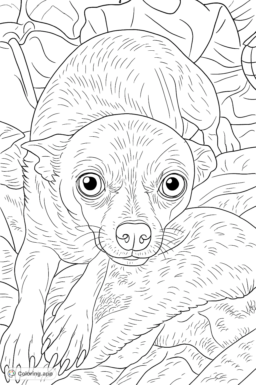 A charming dog rests on a soft blanket, gazing forward with expressive eyes. Perfect for dog lovers of all ages. A delightful pet coloring page.