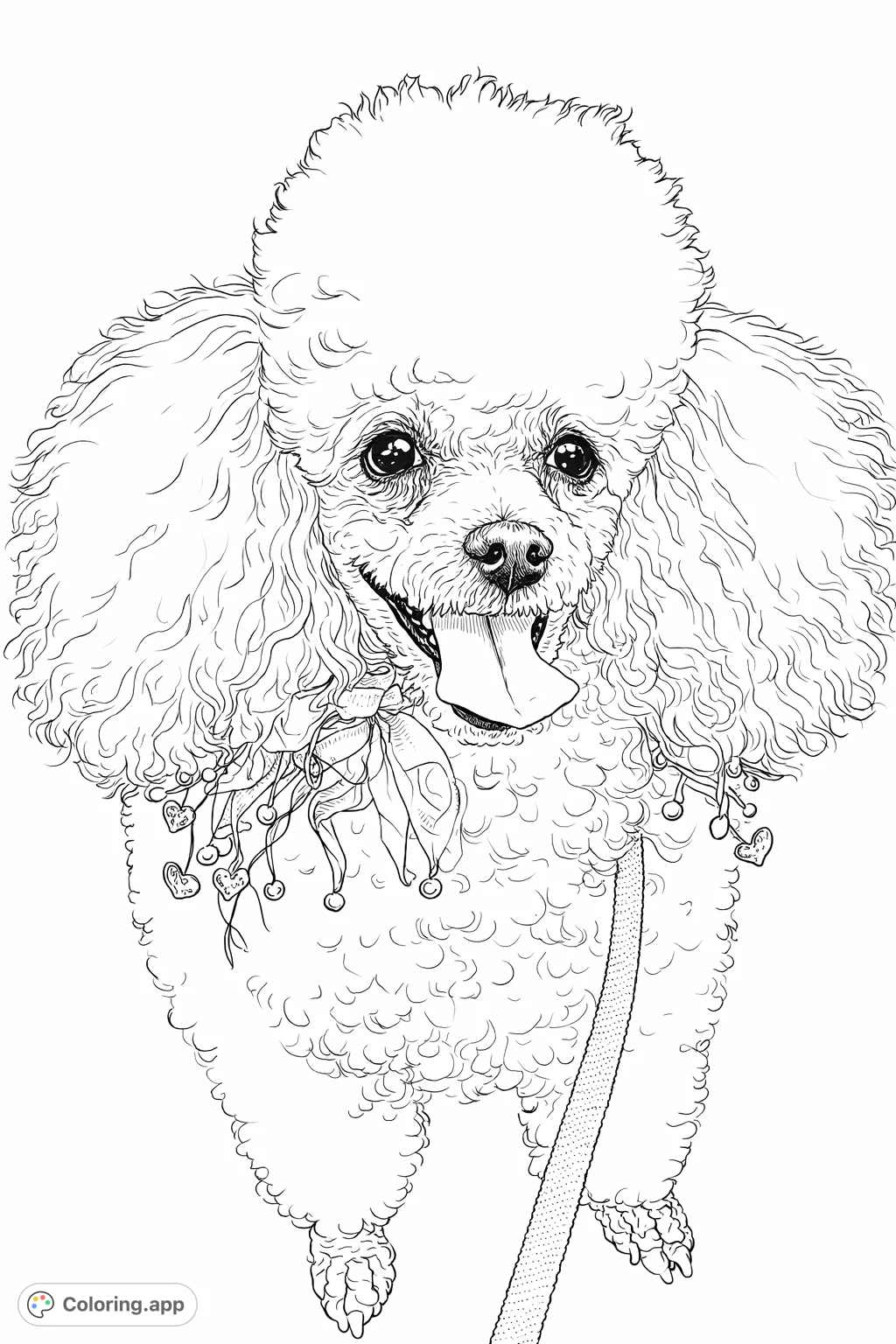 A delightful festive poodle coloring page, perfect for all ages! Capture the charm of this fluffy companion with a holiday-themed collar.