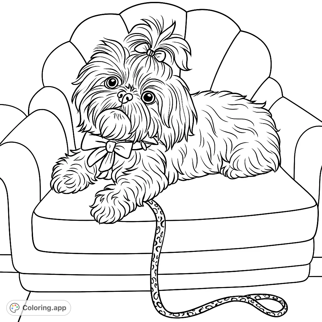 A charming fluffy dog with a topknot and bow tie rests comfortably on a textured, shell-back chair, ready for a creative coloring adventure.