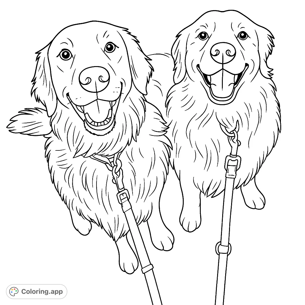 Color this delightful image featuring two joyful dogs with leashes, looking up with happy expressions, ready for a fun coloring adventure.