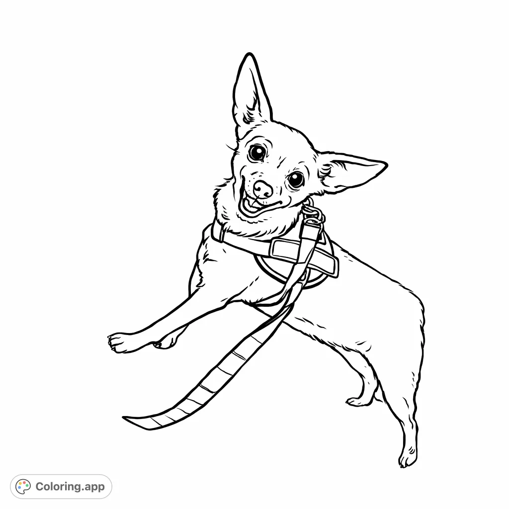 A cheerful small dog leaps with joy, wearing a harness and leash, ready for a playful adventure. Perfect for dog lovers!