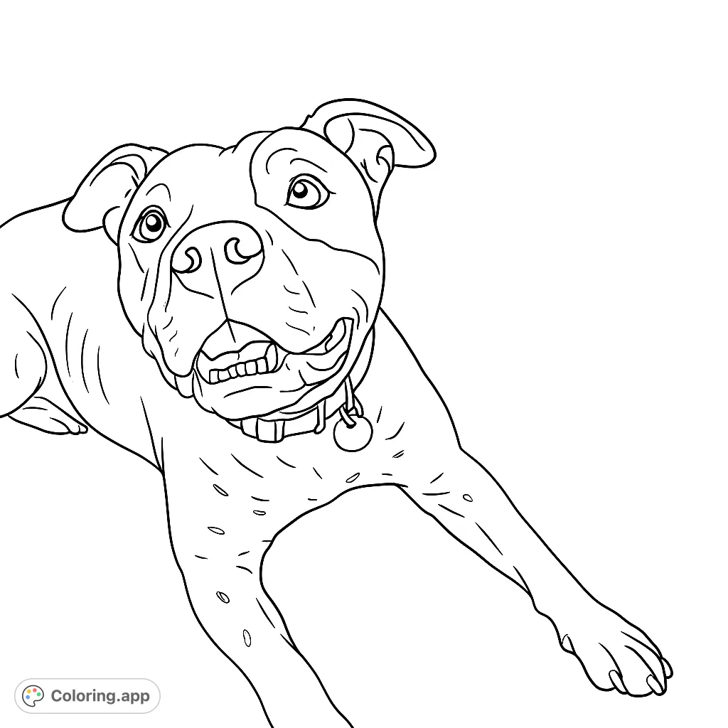 A charming coloring page featuring a happy, spotted dog lying down with a joyful expression. Perfect for pet lovers of all ages.