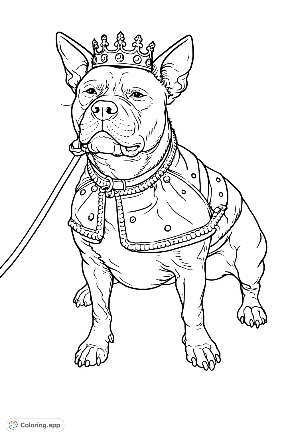 A regal dog sporting a decorative crown and a fancy cape with ornate trim and embellishments. A charming and fun royal animal ready for creative expression.