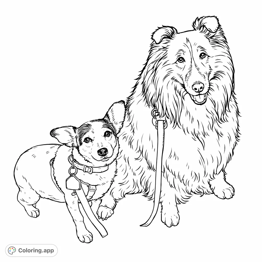 Discover this charming dog coloring page featuring two friendly companion canines, perfect for pet lovers. A delightful free printable coloring page.