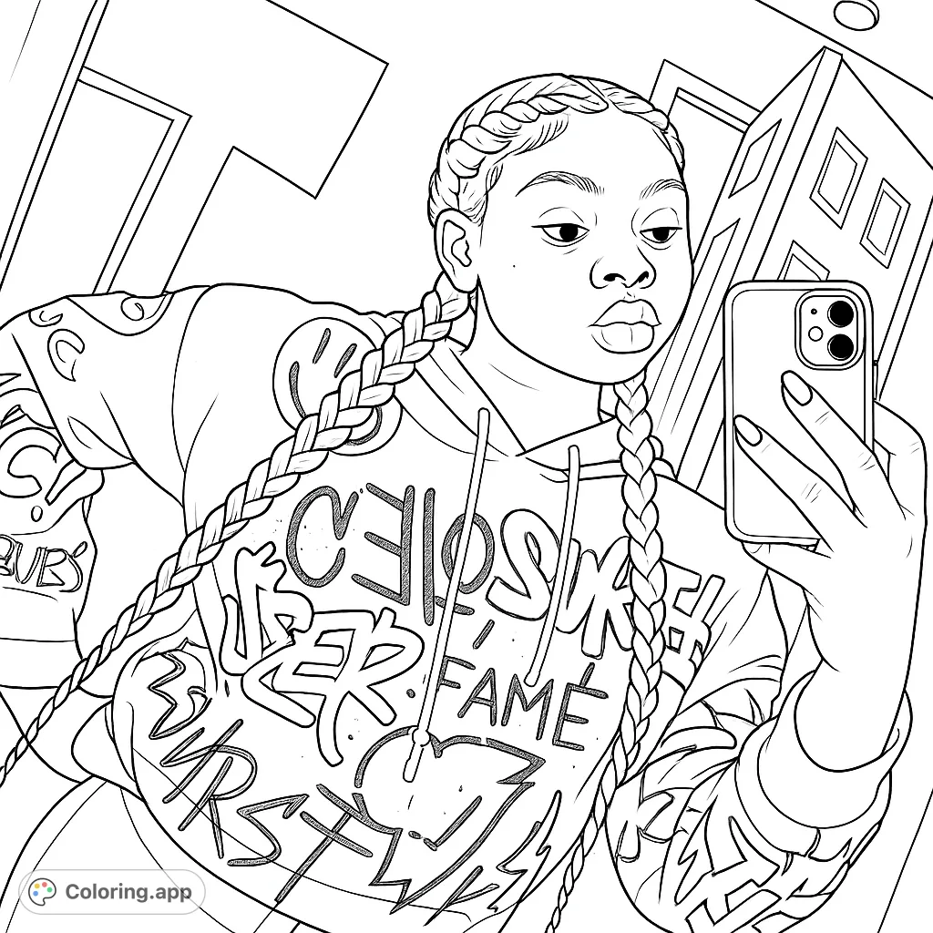 Express your style with this urban selfie coloring page. Features a person with braids, a graffiti hoodie, and detailed nail art.