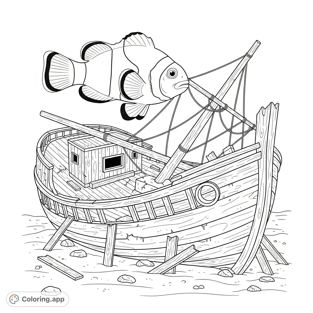 Dive into an underwater adventure! Color a playful clownfish exploring the mysterious depths around a detailed, weathered sunken ship.