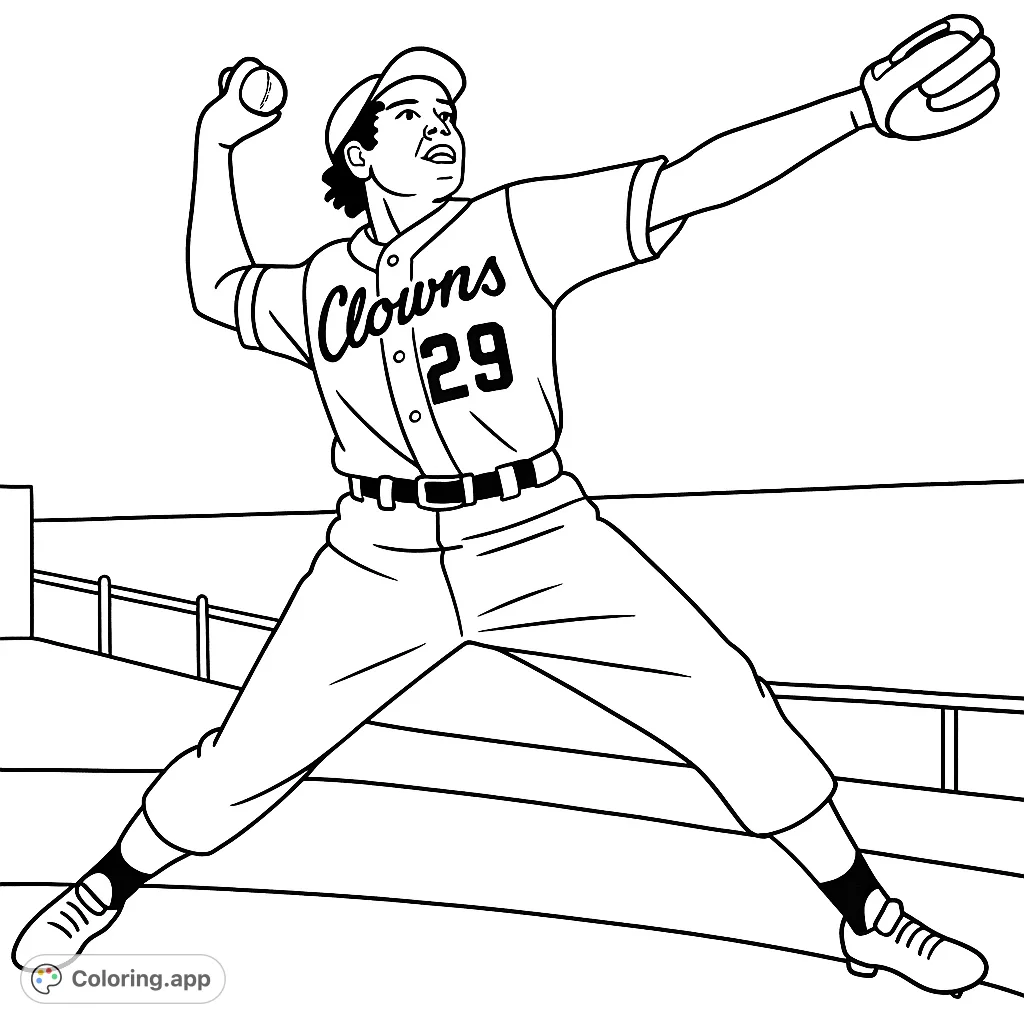 Capture the energy of a pioneering female baseball player mid-pitch. A dynamic scene perfect for sports enthusiasts and history buffs to color.
