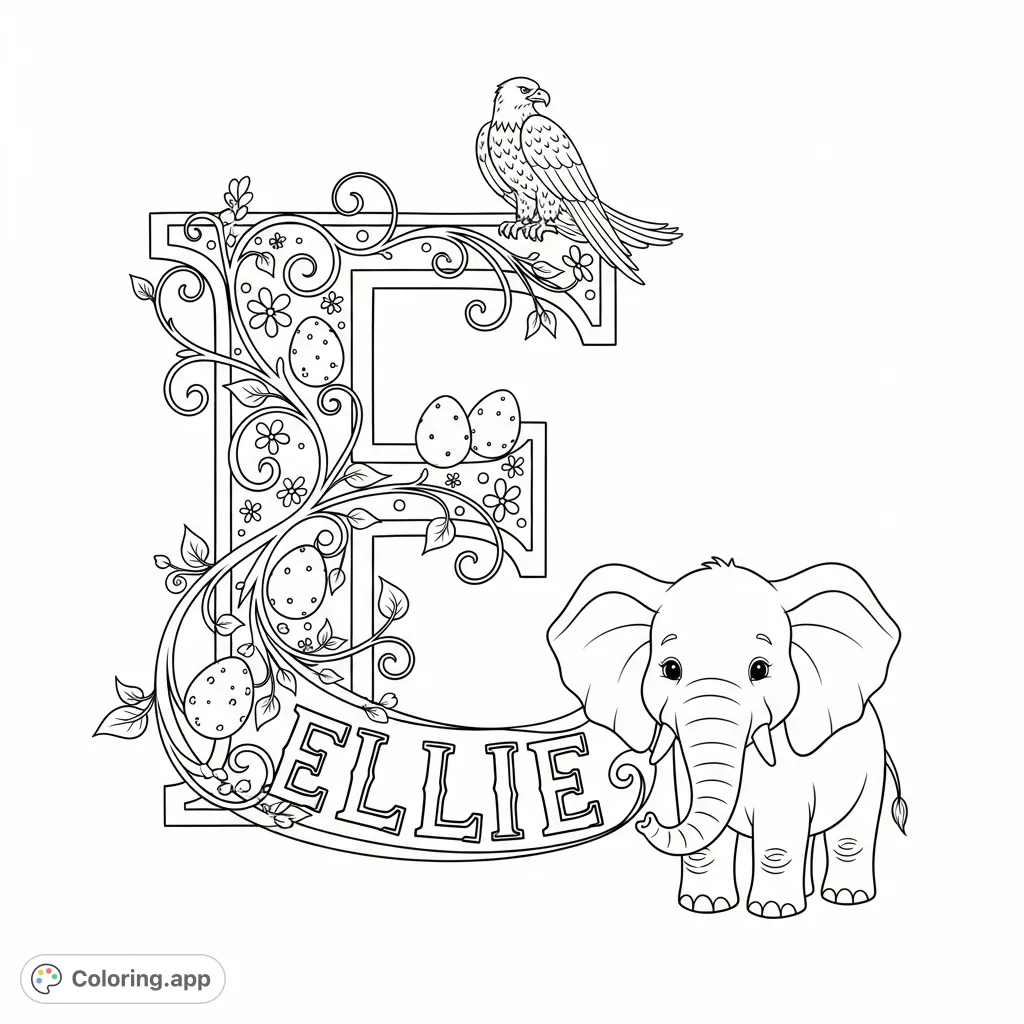 A charming 'E for Ellie' coloring page featuring an ornate letter, a friendly elephant, a majestic eagle, and delicate floral patterns. Perfect for personalization!