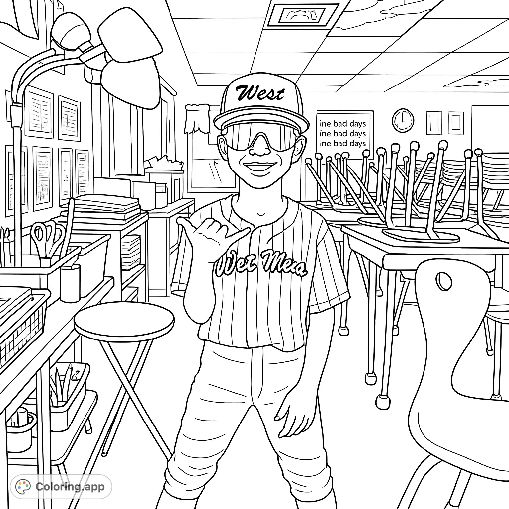 A cheerful boy in a baseball jersey and cap poses in a classroom filled with desks and school supplies. A fun scene for young colorists.