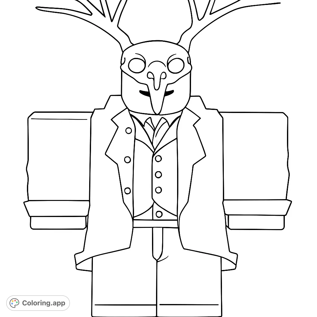 A mysterious blocky character wearing a bird-skull mask with antlers, a long coat, and a vest. Perfect for imaginative coloring.