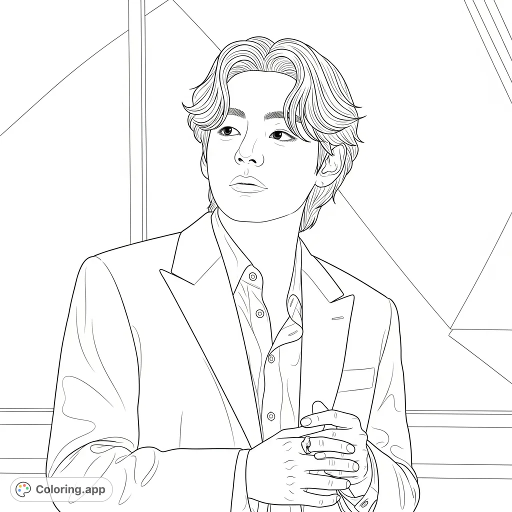 Capture the charismatic essence of Kim Taehyung in this detailed portrait coloring page. Perfect for fans to express their creativity and admiration.