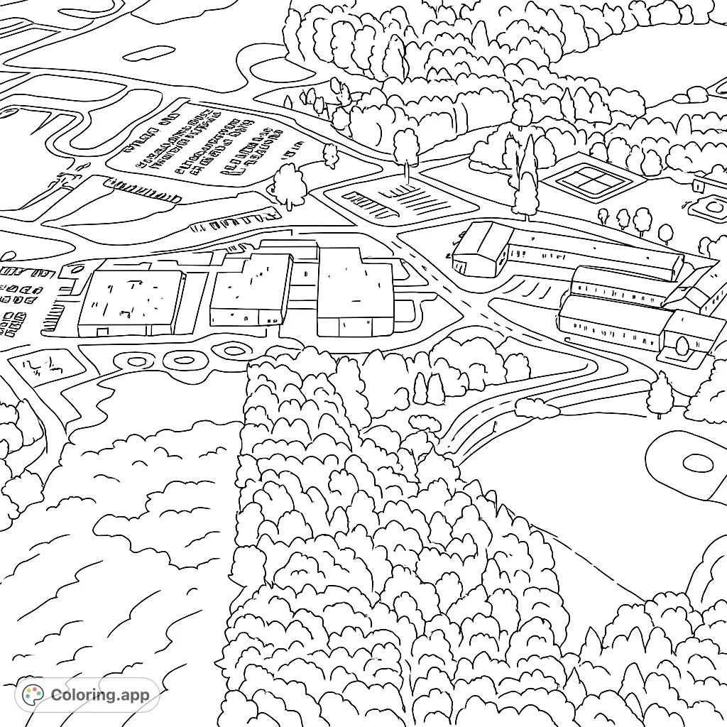 An intricate aerial view of a sprawling campus with buildings, parking lots, roads, and sports fields, surrounded by dense woodlands.