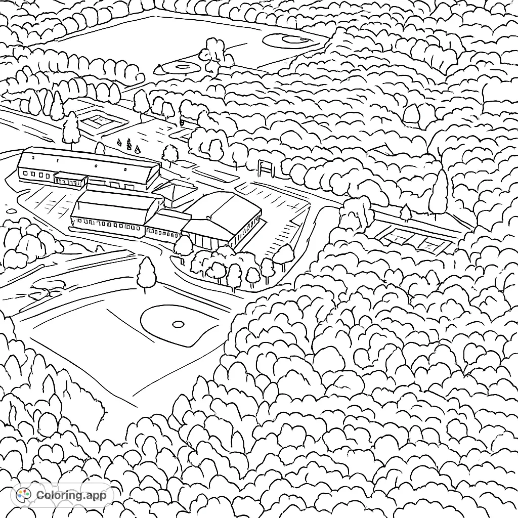 Detailed aerial view of a school campus with buildings, sports fields, and surrounding trees, perfect for intricate coloring.