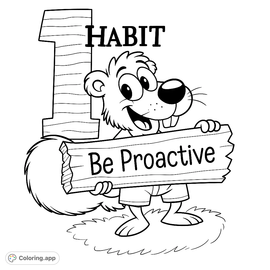 A cheerful beaver-like character holds a "Be Proactive" sign, with a large "1" and "HABIT" in the background. A fun, educational coloring page.