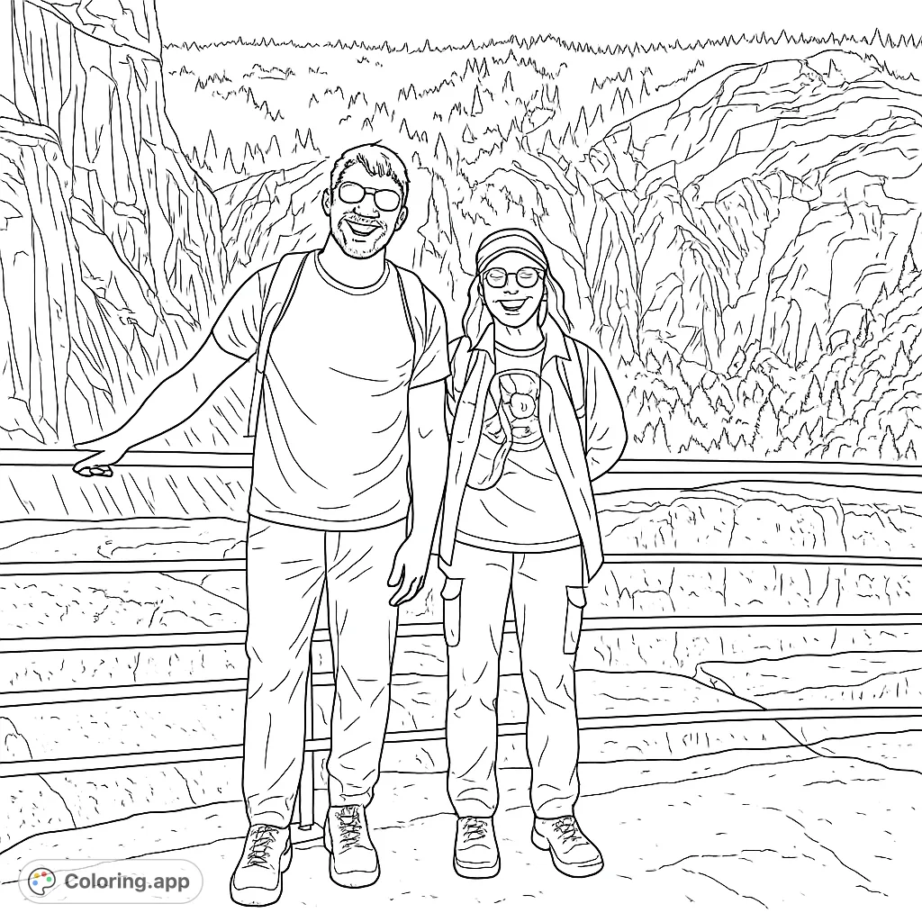 Two adventurers stand on a mountain overlook, enjoying a vast landscape of towering cliffs and distant forests. A perfect nature scene for coloring.