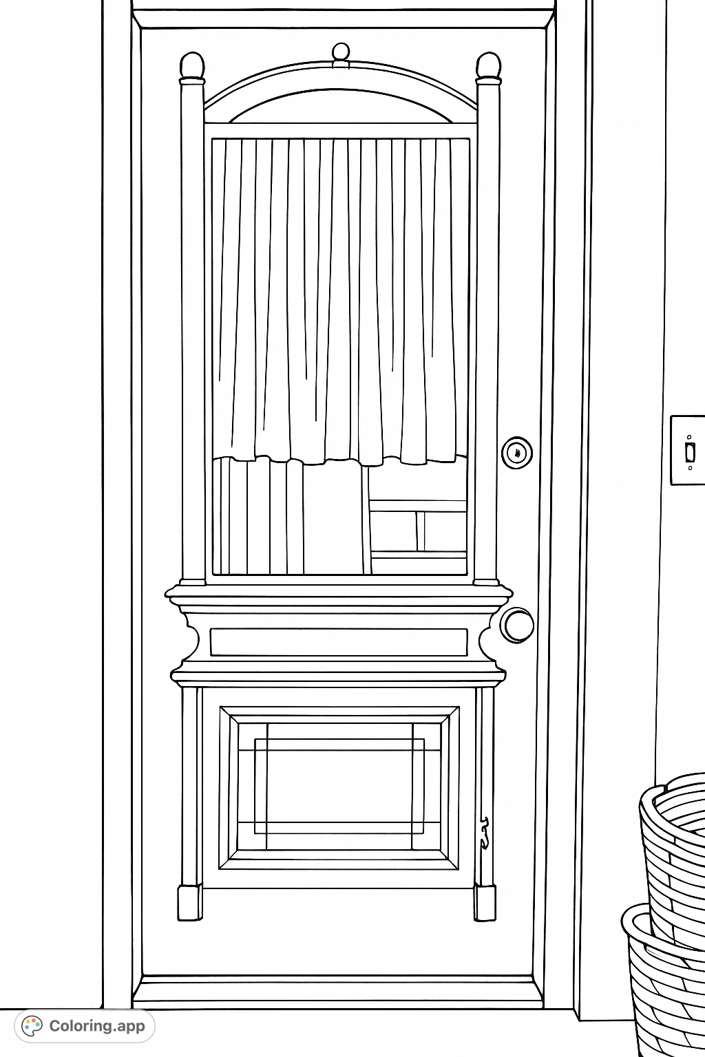 Step into nostalgia with this vintage doorway coloring page. Features a weathered wooden door with an arched glass panel, sheer curtain, and intricate carvings.