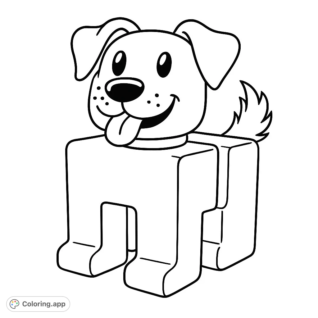 A cheerful, block-style dog with a wagging tail and a big smile, perfect for a fun and simple coloring adventure.