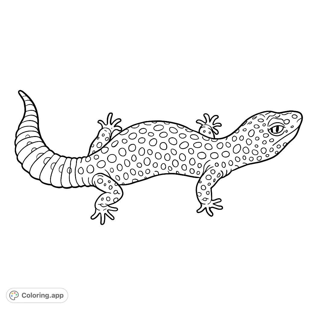 A detailed gecko coloring page featuring intricate spots and a segmented tail, perfect for reptile enthusiasts and those who enjoy complex patterns.