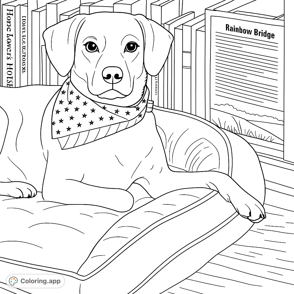 A charming dog wearing a star-and-stripe bandana rests on its bed, surrounded by books. A delightful pet coloring page for all ages.