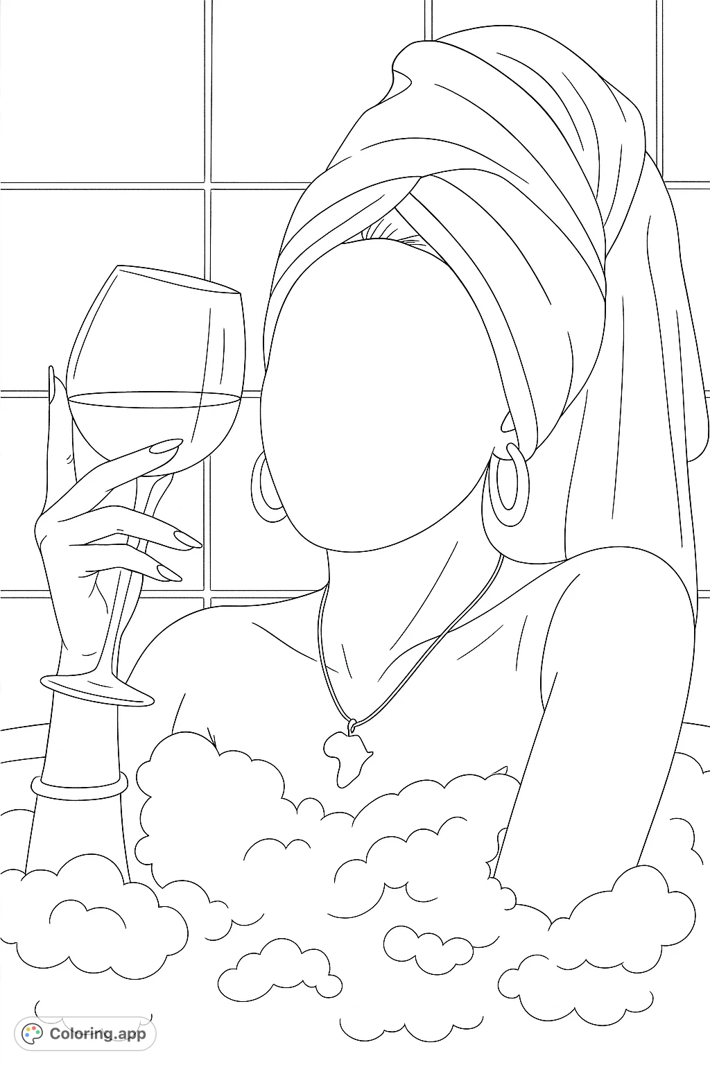 Indulge in a moment of calm with this elegant bubble bath coloring page. Featuring a person enjoying a drink, wrapped in a towel, surrounded by luxurious bubbles.