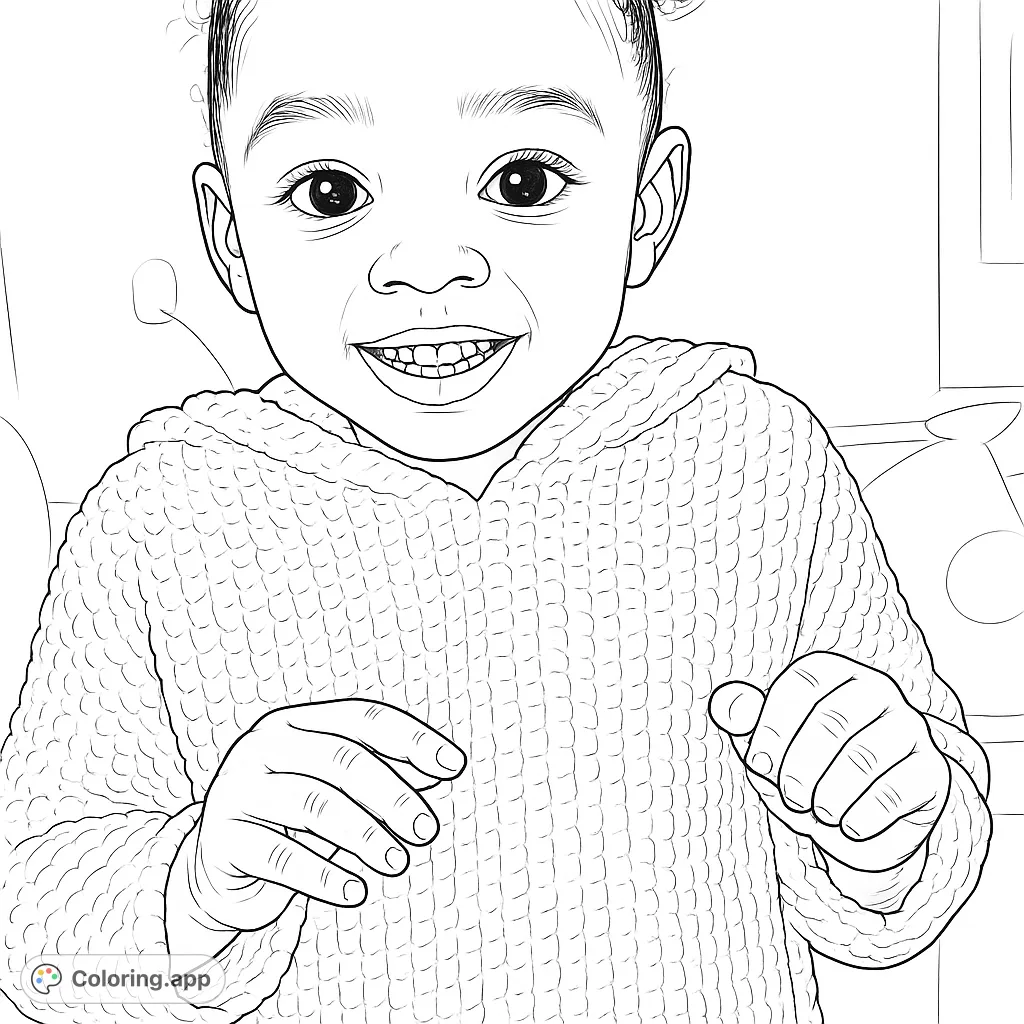 Capture the heartwarming smile of a happy child in a cozy, textured sweater. A delightful portrait perfect for all ages to color and cherish.