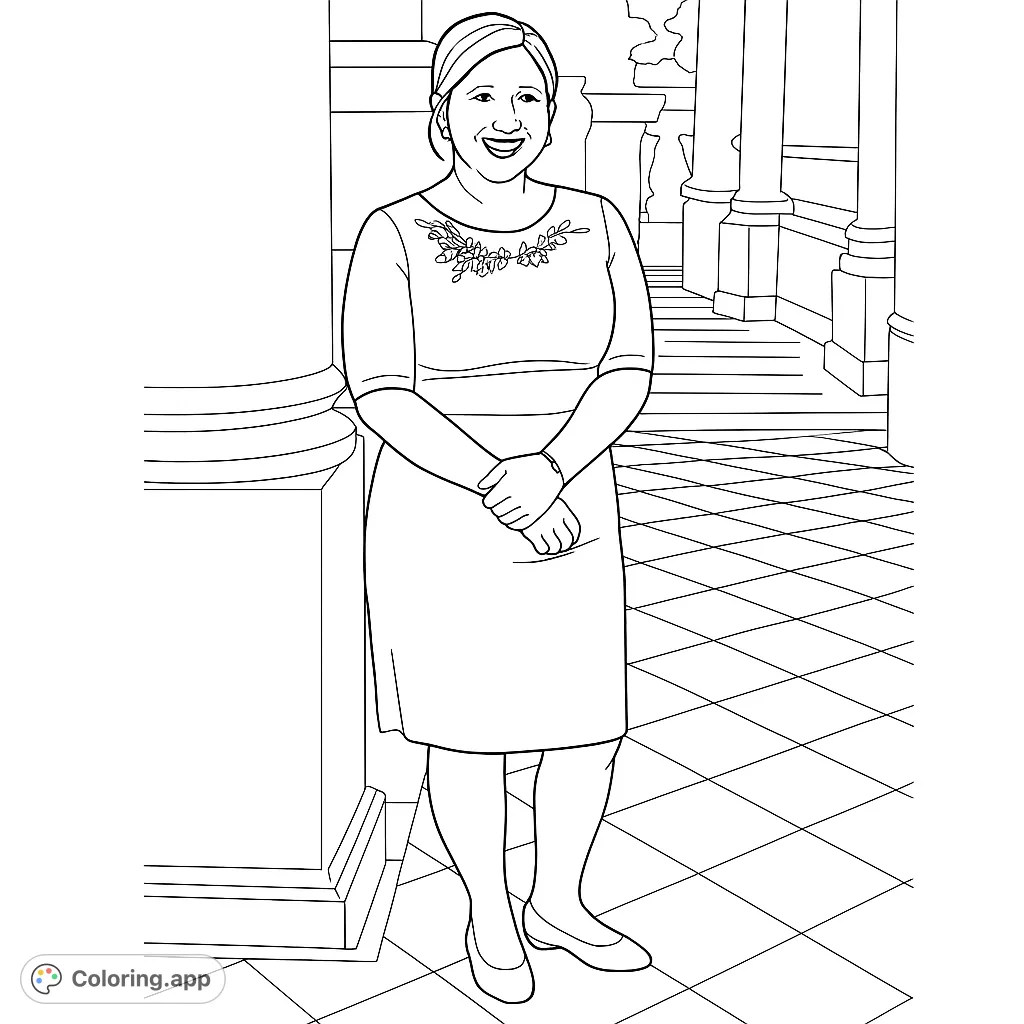 An elegant woman stands gracefully in a classic architectural setting, featuring a detailed necklace and patterned floor. Perfect for fashion and portrait enthusiasts.