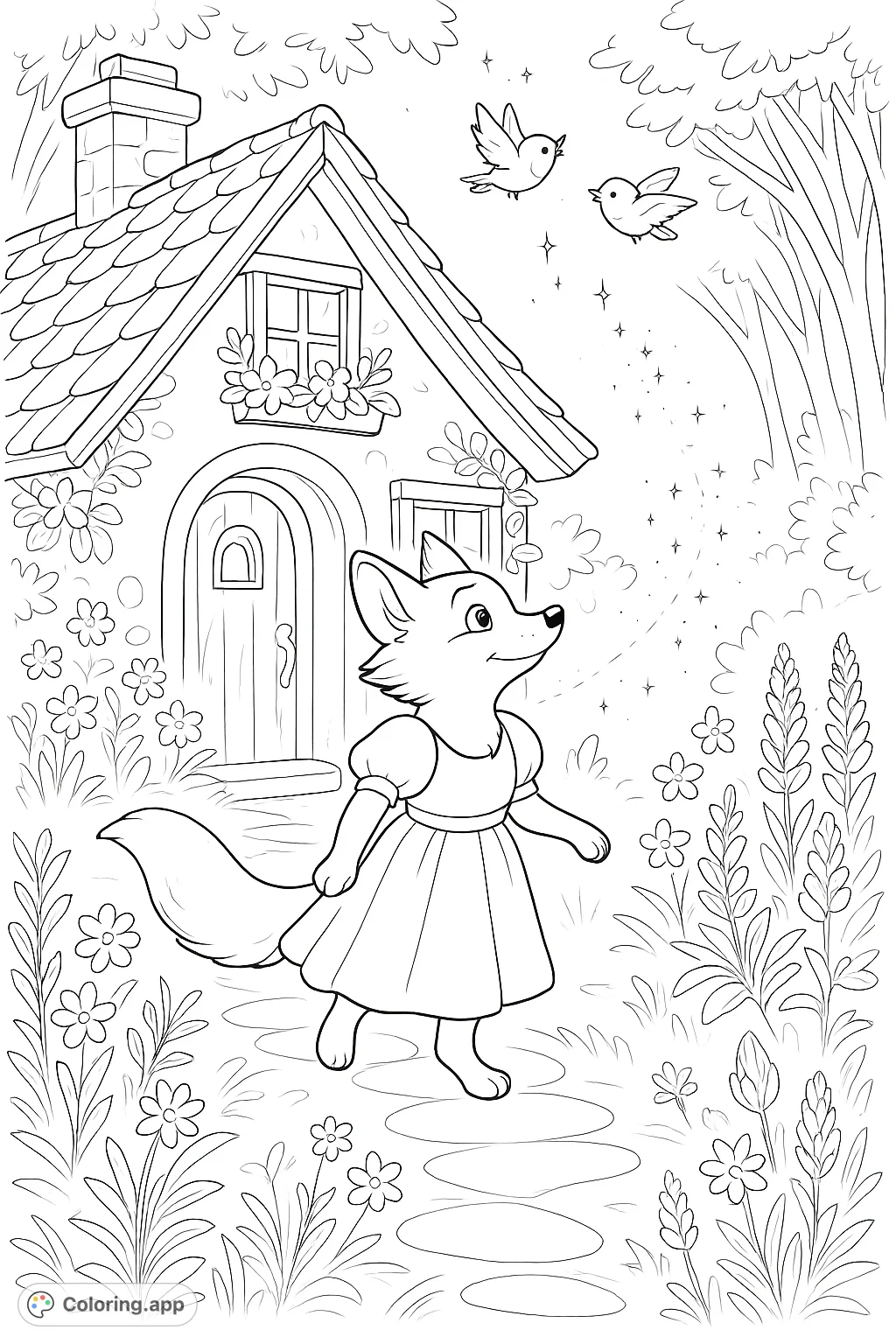 A charming fox in a dress walks through an enchanted garden with a cozy cottage, surrounded by flowers and sparkling elements, under the watchful eyes of two birds.