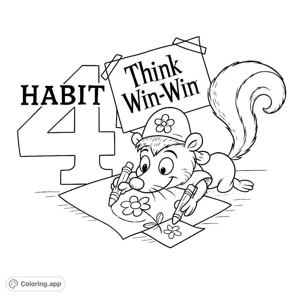 A charming skunk character draws on paper, illustrating 'Think Win-Win' and 'Habit 4'. A fun and educational coloring page for all ages.